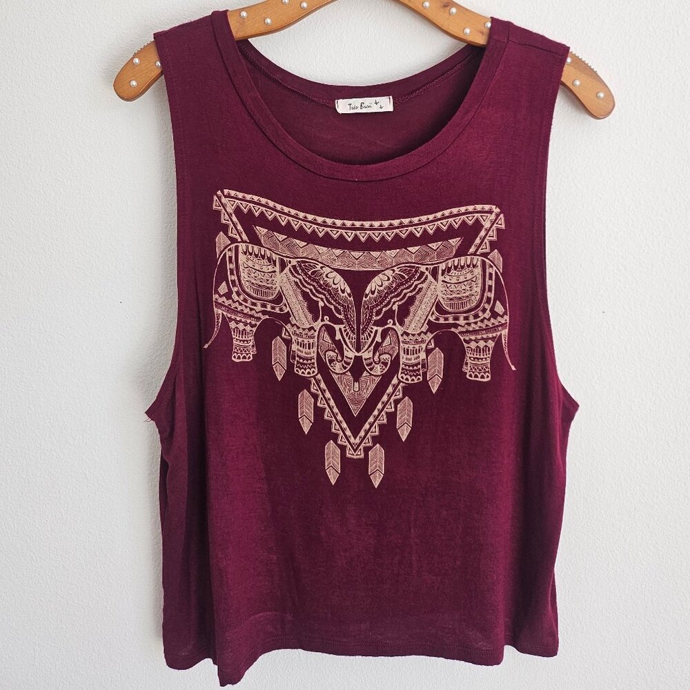 Boho Elephant Graphic Tank Top Burgundy Tribal Festival Sleeveless Top - Picture 2 of 5
